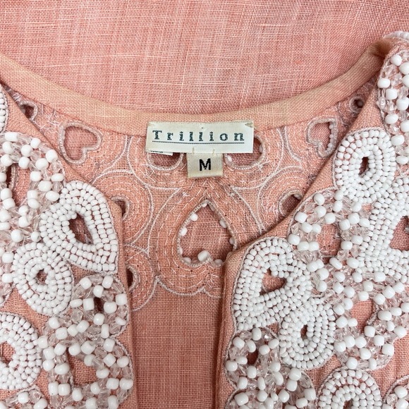 Vintage Trillion Linen Tunic Top Coral HEAVILY Beaded in White Size Medium M TLC - Picture 7 of 7